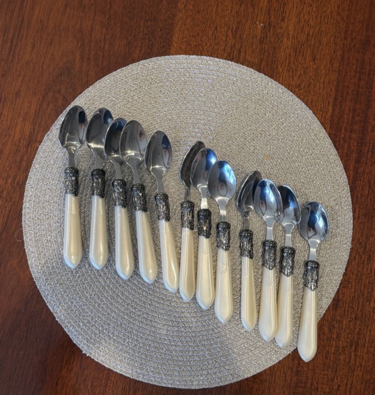60 Piece Ivory Decorative Handle Flatware Set, Forks, Knives, Spoons, Teaspoons