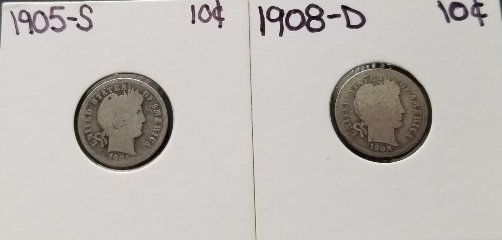 1905-S/1908-D 10c Barber Dimes Circulated 90% Silver #342