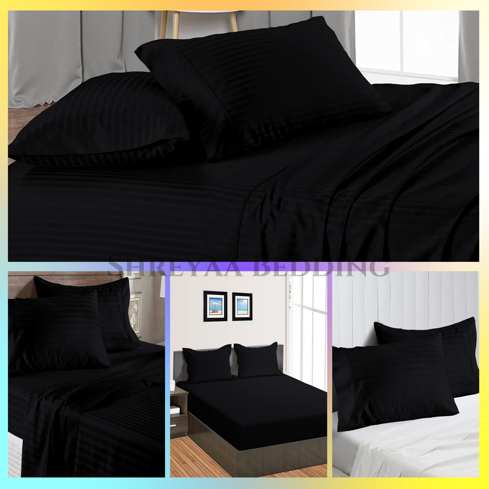 Extra Deep Pocket Bed Sheets 1000 - 1200 TC Egyptian Cotton Black Stripe