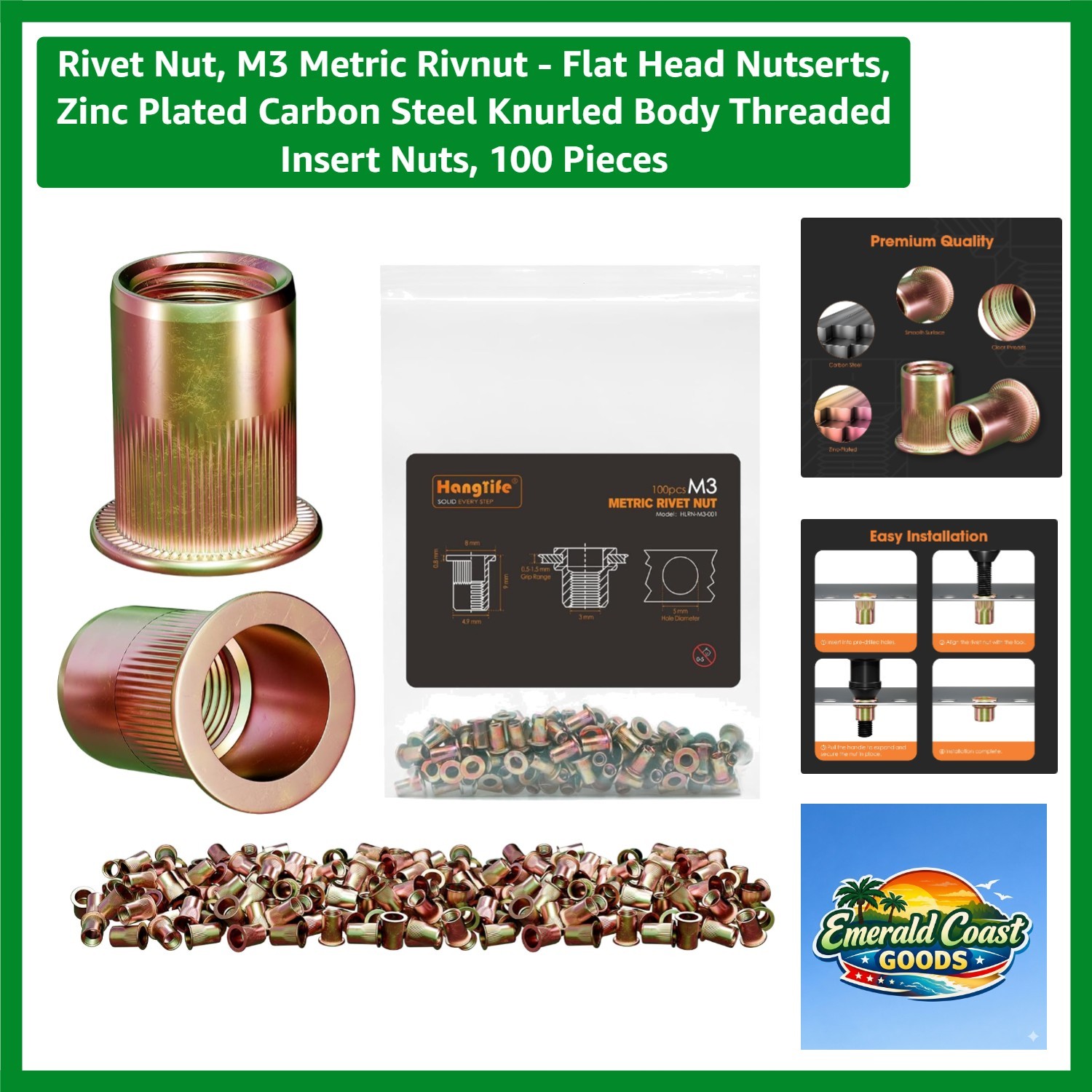 Flat Head Rivet Nuts M3 - 100 Carbon Steel Nutserts for Versatile Use