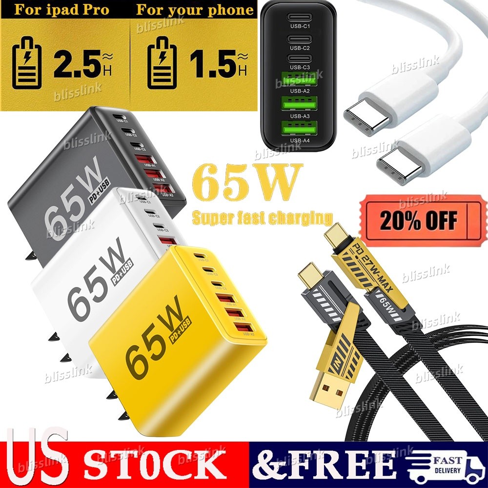 65W Super Fast Charging USB Type C Wall Charger For Samsung iPhone Android Phone