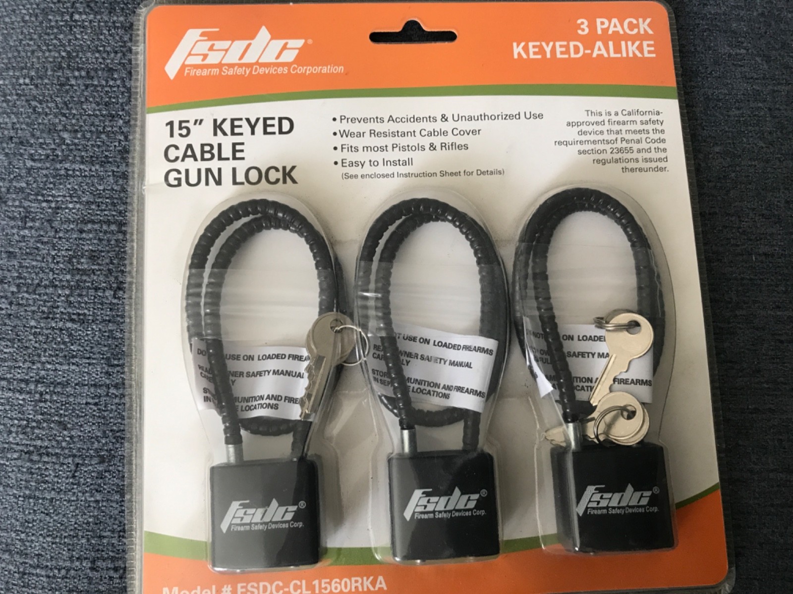 New 3 Pack FSDC 15" Keyed Alike Cable Gun Locks Black CA Approved Pistol Rifle