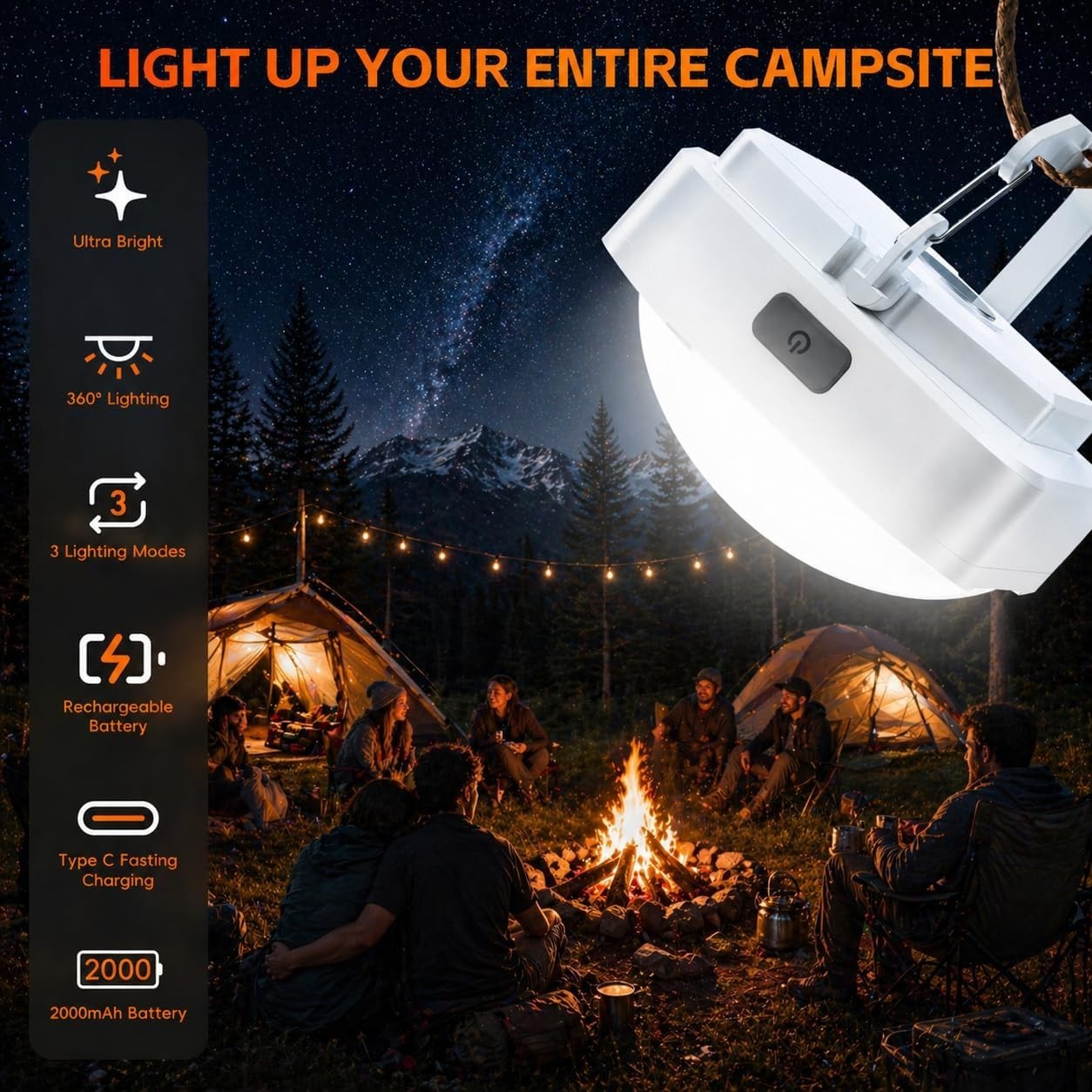 Rechargeable LED Camping Lantern 2000mAh Tent Light Waterproof SOS