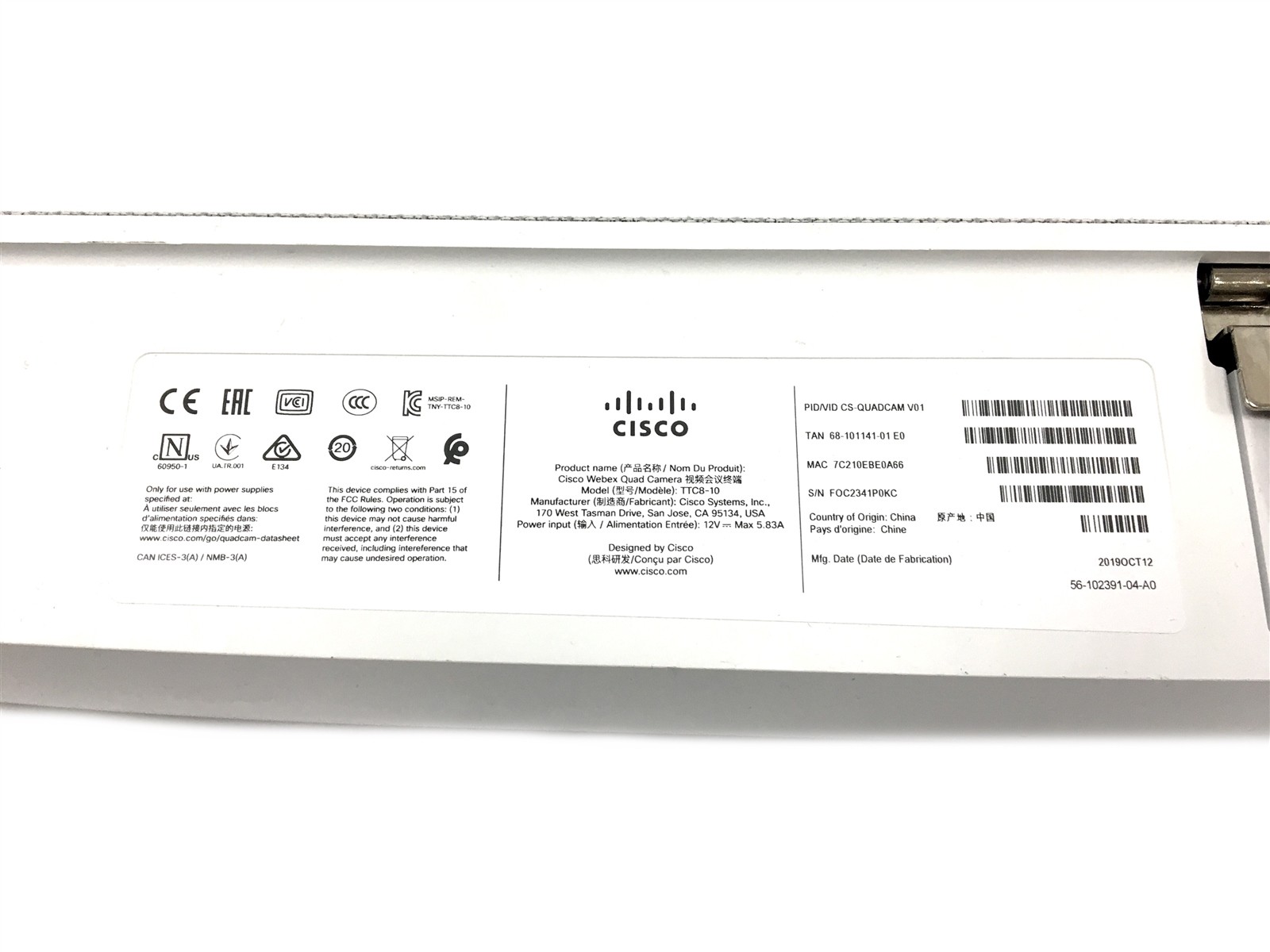 Cisco Webex TTC8-10 Spark Quad Camera Conference Room CS-QUADCAM & AC Adapter