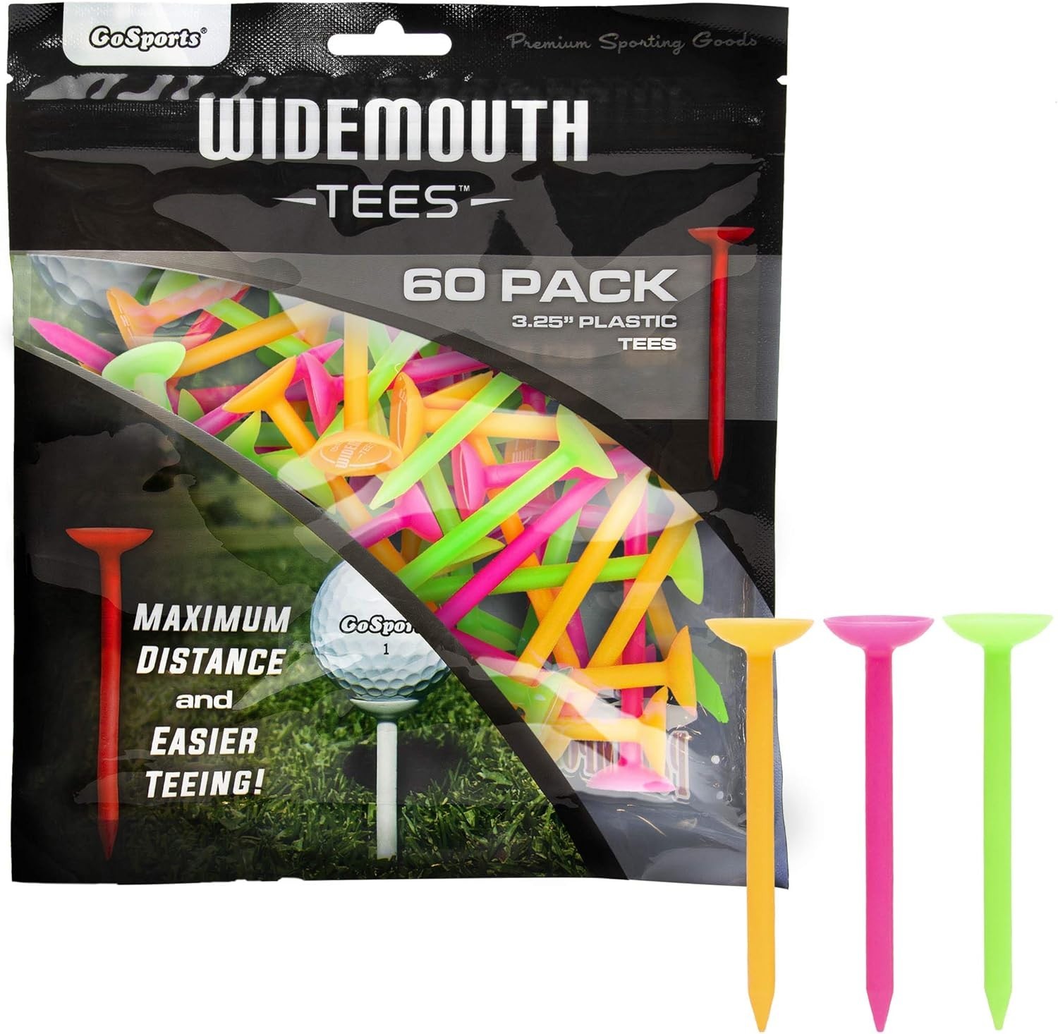 GoSports 3.25” Widemouth Plastic Golf Tees | 60 Tee Player’s Pack - Max