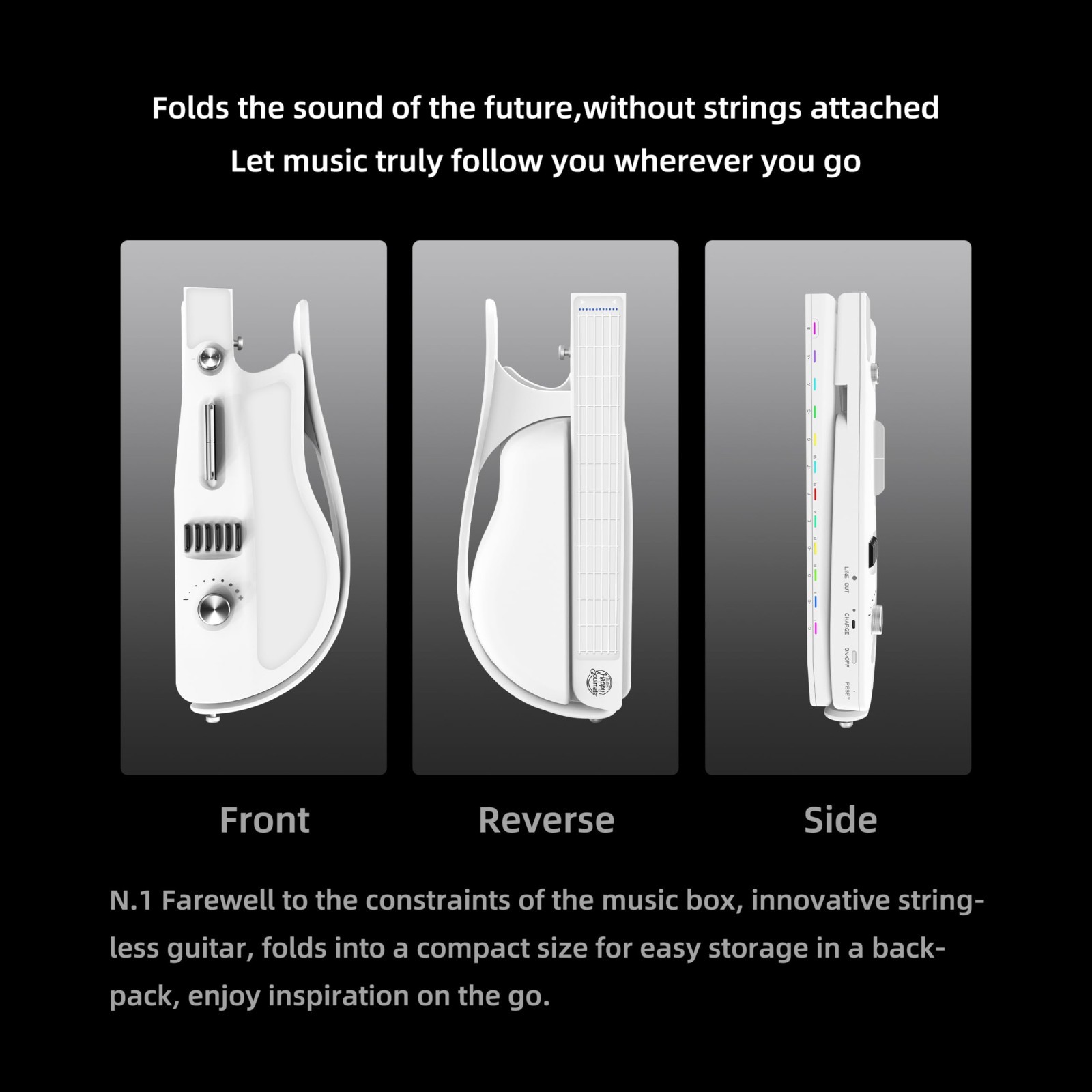Stringless Smart Guitar, Foldable Travel Guitar with Chords & Drum Machine White