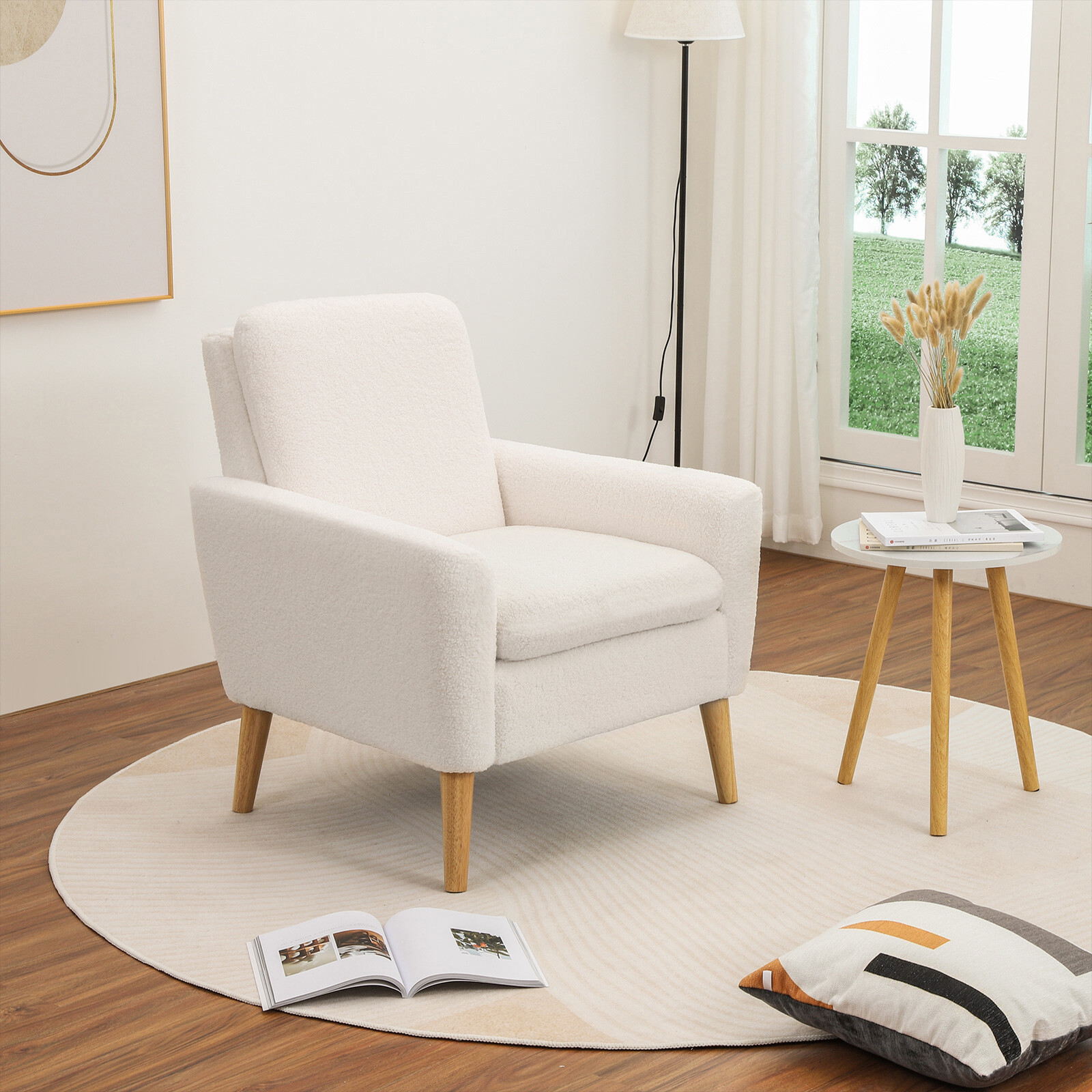 1/2 Pcs Accent Arm Chair Teddy Velvet Comfy Upholstered Comfy Single Sofa White