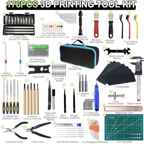 176 Pcs 3D Printing Tool Kit W/ Nozzle Cleaning Digital Caliper Deburring Set