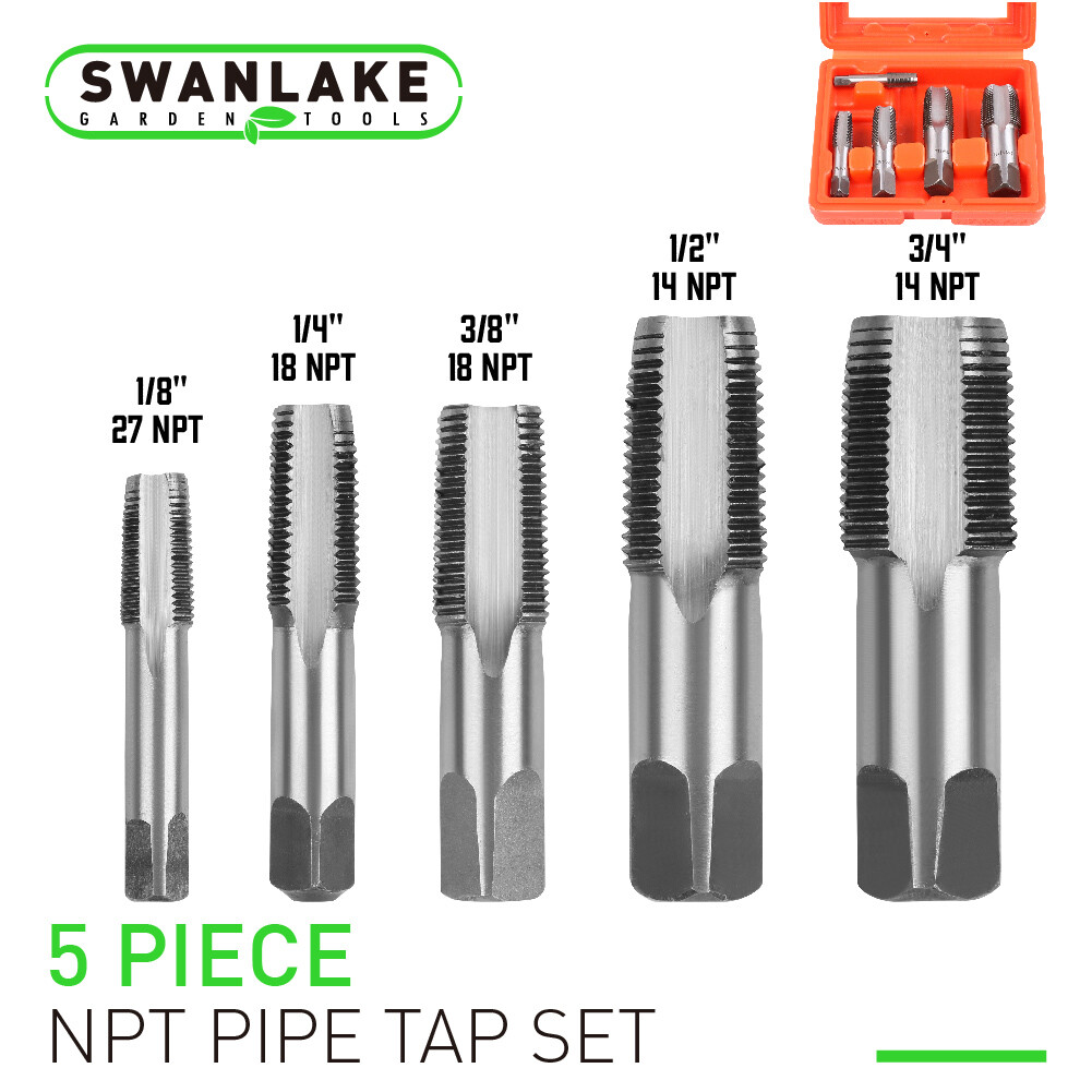 5 Piece 18 / 14 NPT Pipe Tap Set 1/8" 1/4" 3/8" 1/2" 3/4" Carbon Steel With Case