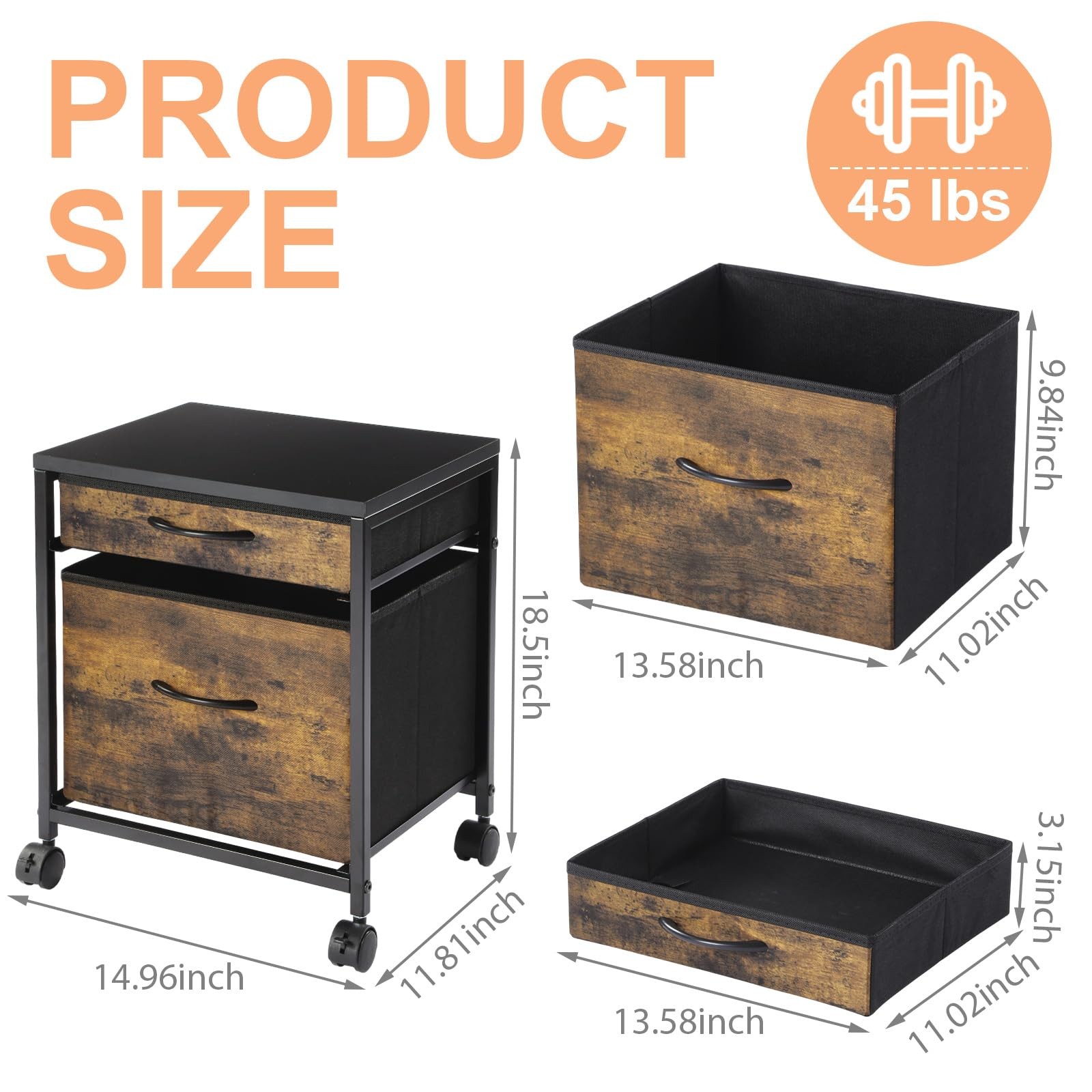 AceOrbit Rolling Mobile File 18.5" H × 14.96" W × 11.81" D, Rustic Brown