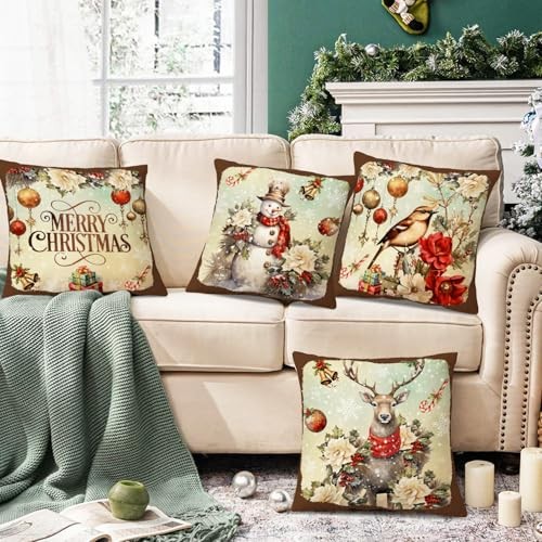 Christmas Decorations Indoor Pillow Covers 18x18 Set of 4 Snowman Deer