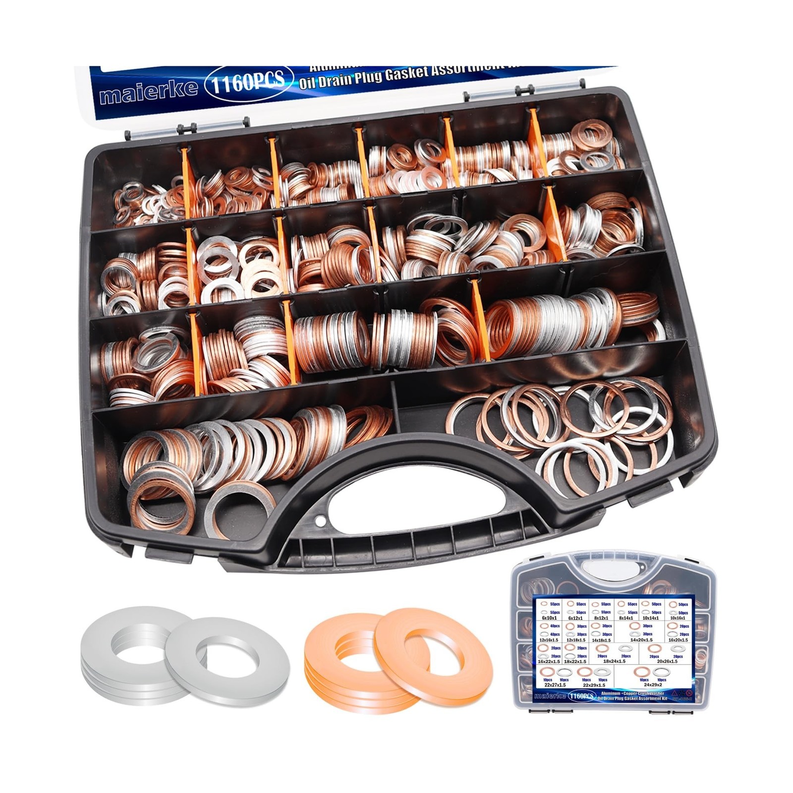 1160PCS Crush Washer Oil Drain Plug,18 Sizes Copper and Aluminum Oil Drain Pl...