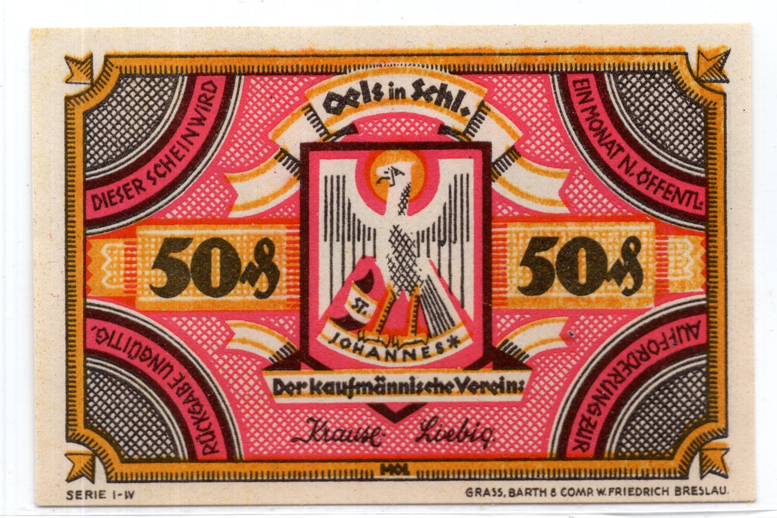 1922 Germany Oels Notgeld 50 Pfennig Note (NG212)