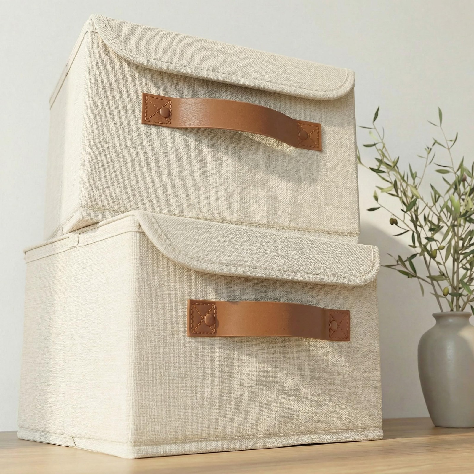 Decorative Linen Storage Boxes with Lids - Spacious Set of 2 Organizer Bins f...