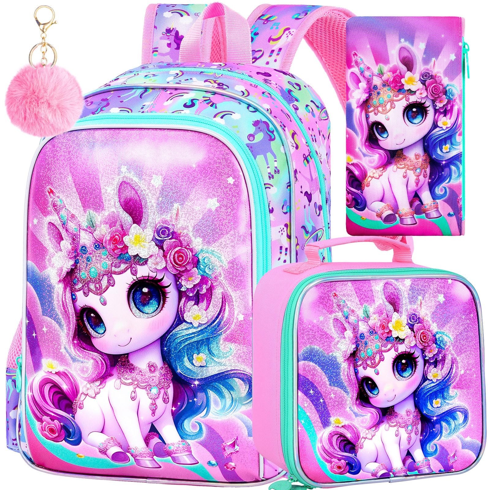 Unicorn Backpack for Girls, 16" Kids Bookbag with Lunch Box，3Pcs School B