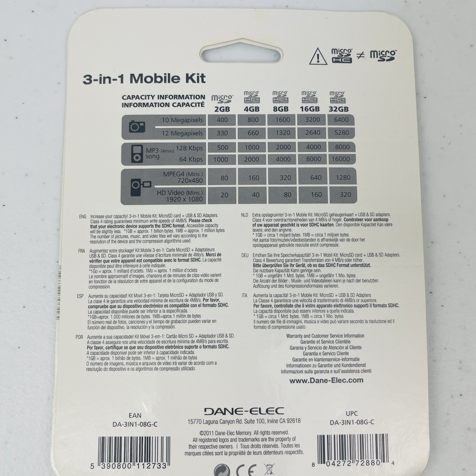 Dane Elec 3 in 1 Mobile Kit 8GB MicroSD Card USB SD Adapter Class 10