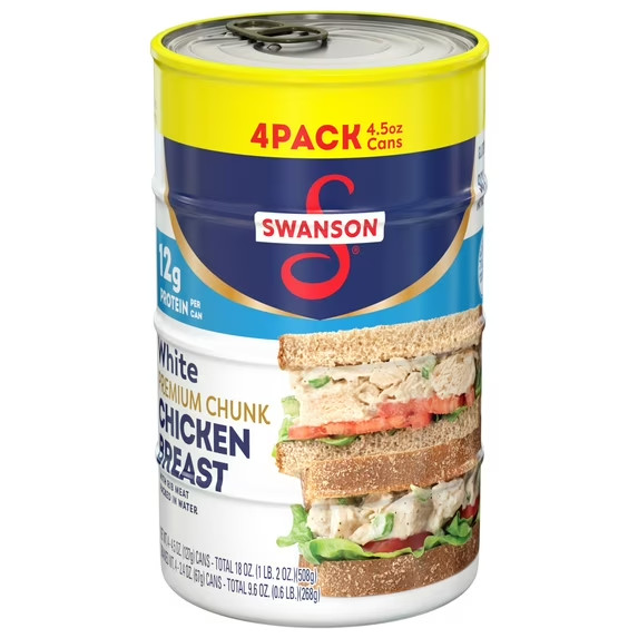 Swanson White Premium Chunk Chicken Breast,Rib Meat in Water, 4.5 oz. (Pack 4)