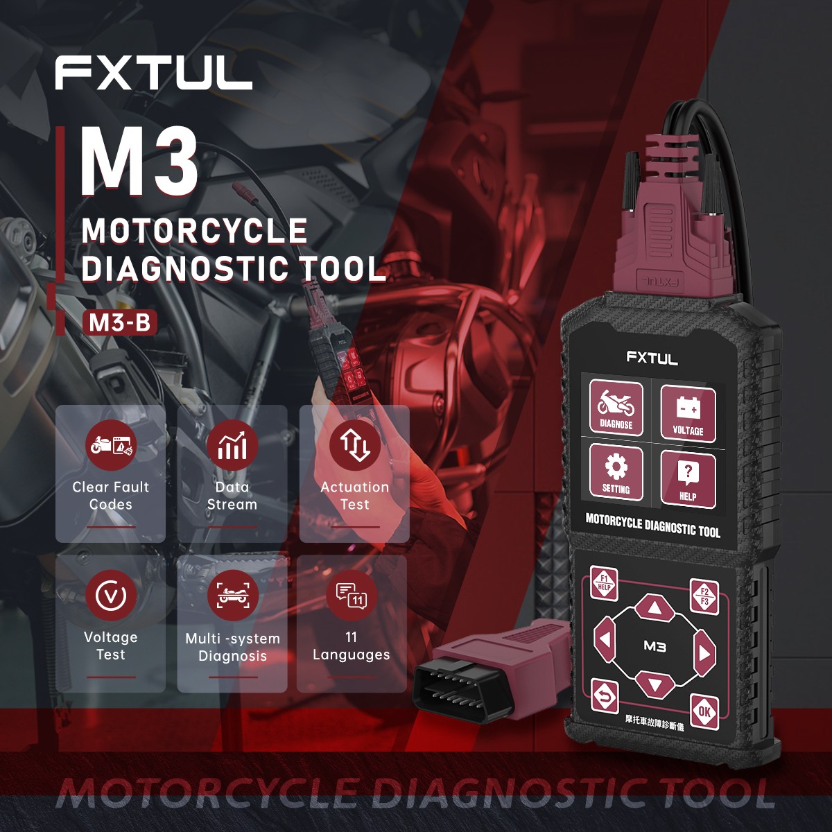 FXTUL M3-B Motorcycle Diagnostic Scanner OBD2 Code Reader for YAMAHA KYMCO SYM