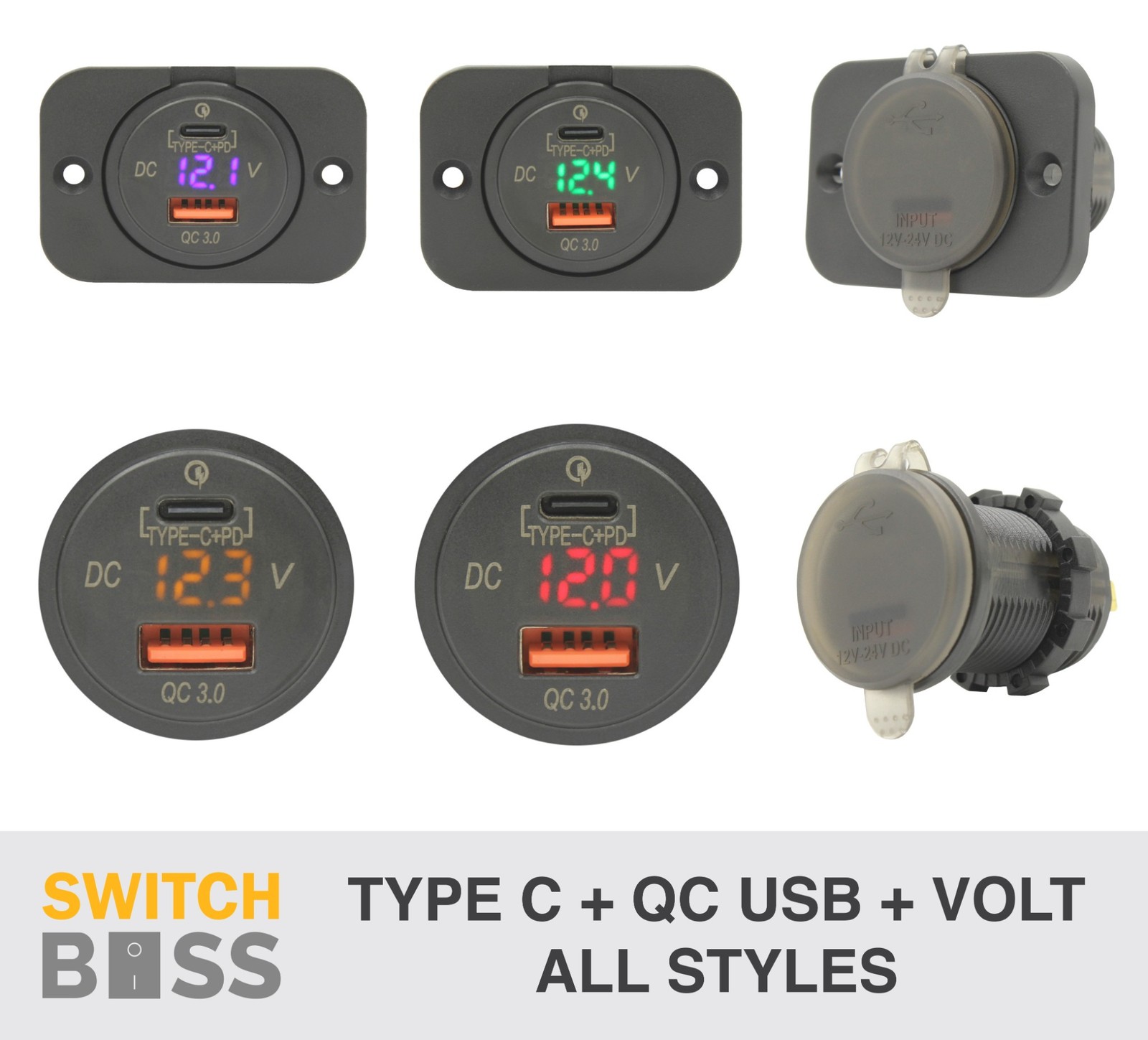 TYPE C + VOLT + QC USB LED Flush Mount Panel 12v Outlet Power Socket All STYLES