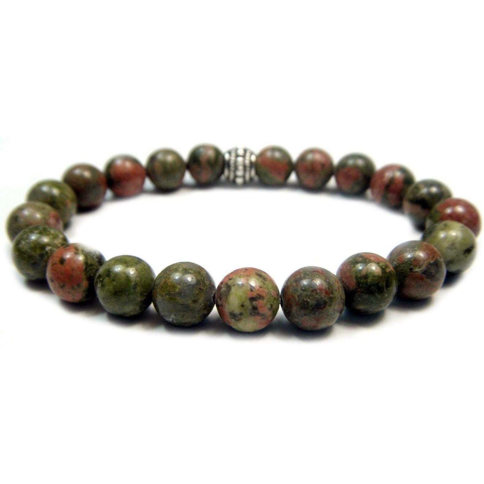 Unakite 8mm Round Crystal Bead Bracelet with Description Card