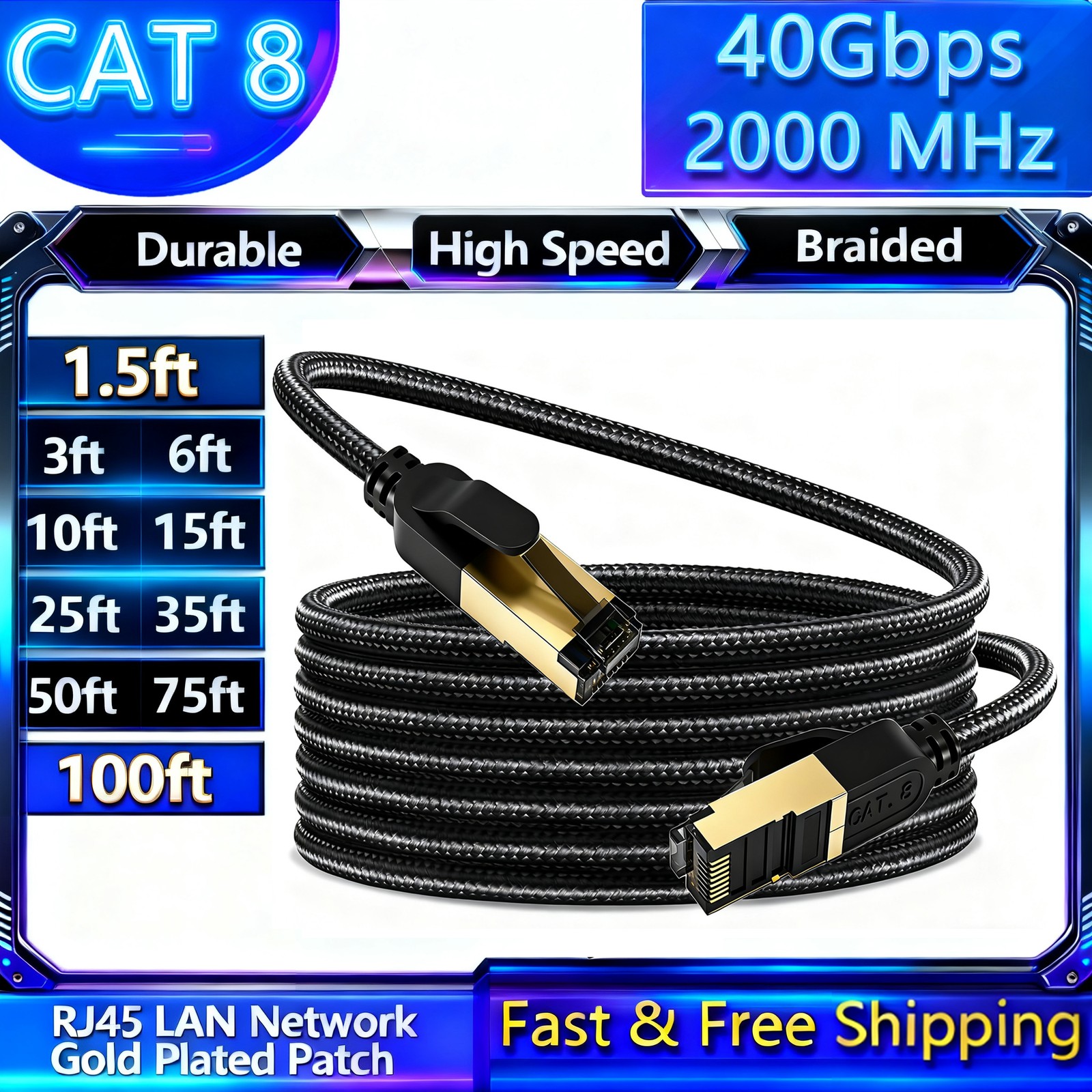 Cat 8 Ethernet Cable High Speed Braided 40Gbps 2000Mhz Cat8 RJ45 Network Cord