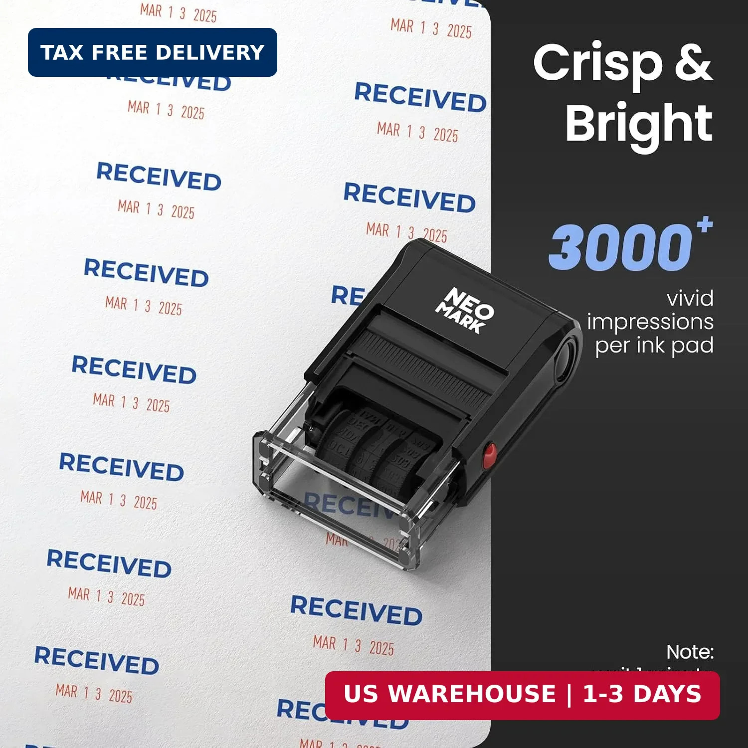 Self-Inking Received Date Stamp, 12-Year Adjustable Dater | Extra Replacement Pa