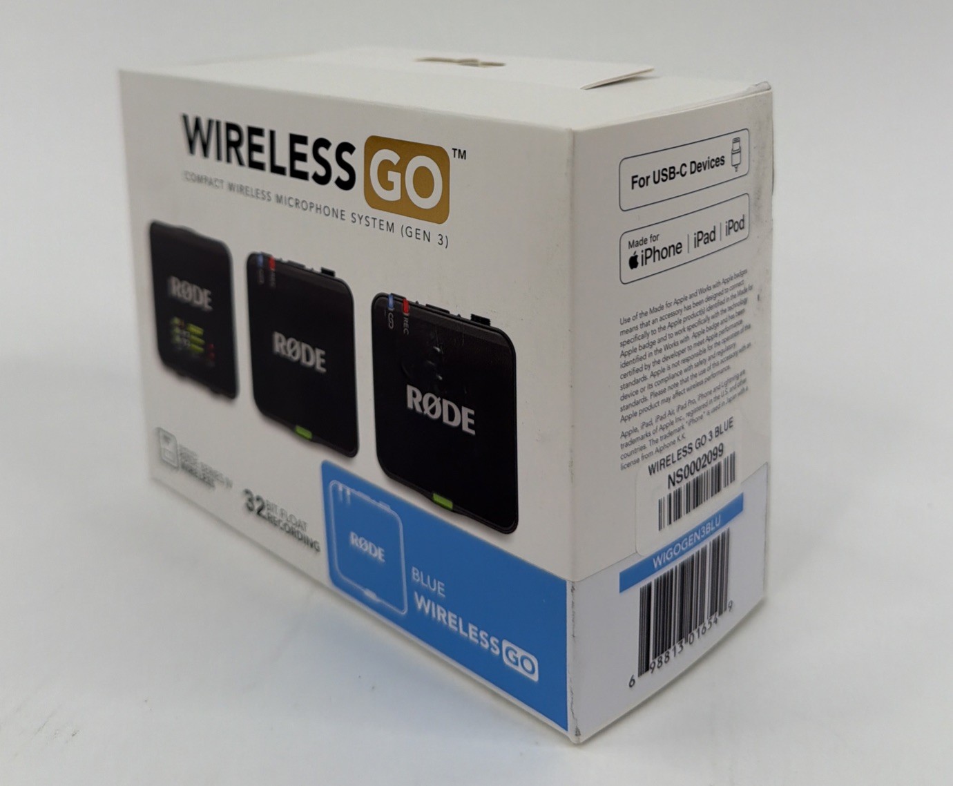 RØDE Wireless GO 3 Blue Microphone System, 32 Bit Float, USB-C, Gain Assist
