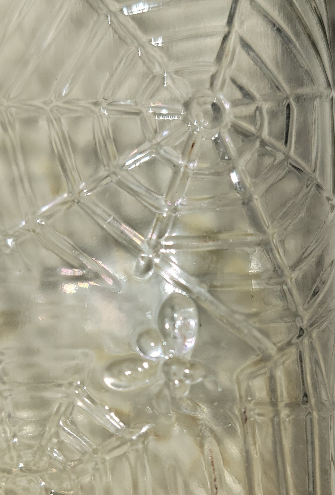 Clear Glass Liquor Bottle Spiderweb Embossed Pattern w/ Spider And Fly