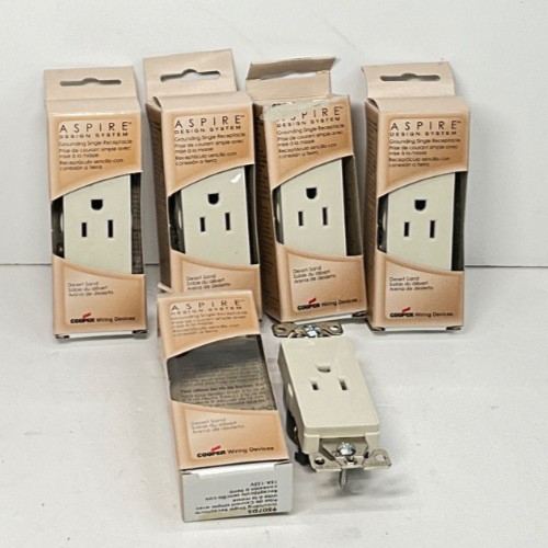 Lot of 5 Cooper Aspire 2-Pole/3-Wire SINGLE RECEPTACLE Desert Sand 9507DS