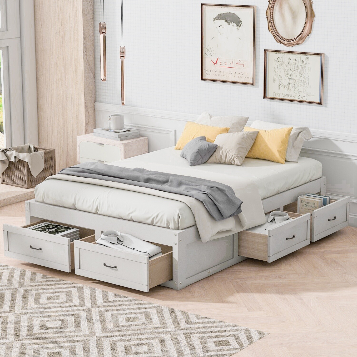 Full/Queen Size Bed Frame Wood Platform Bed Frame w/ 6 Drawers for Bedroom