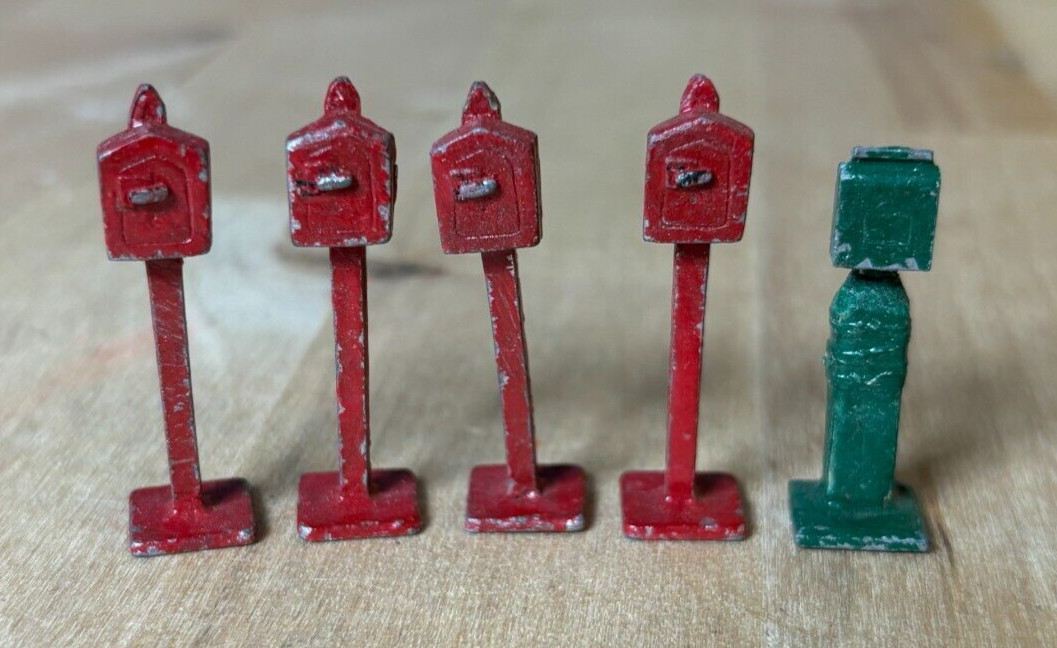 Lot 5 Vintage Lead Miniature Mailboxes, Hand Painted 1.5", Train Village