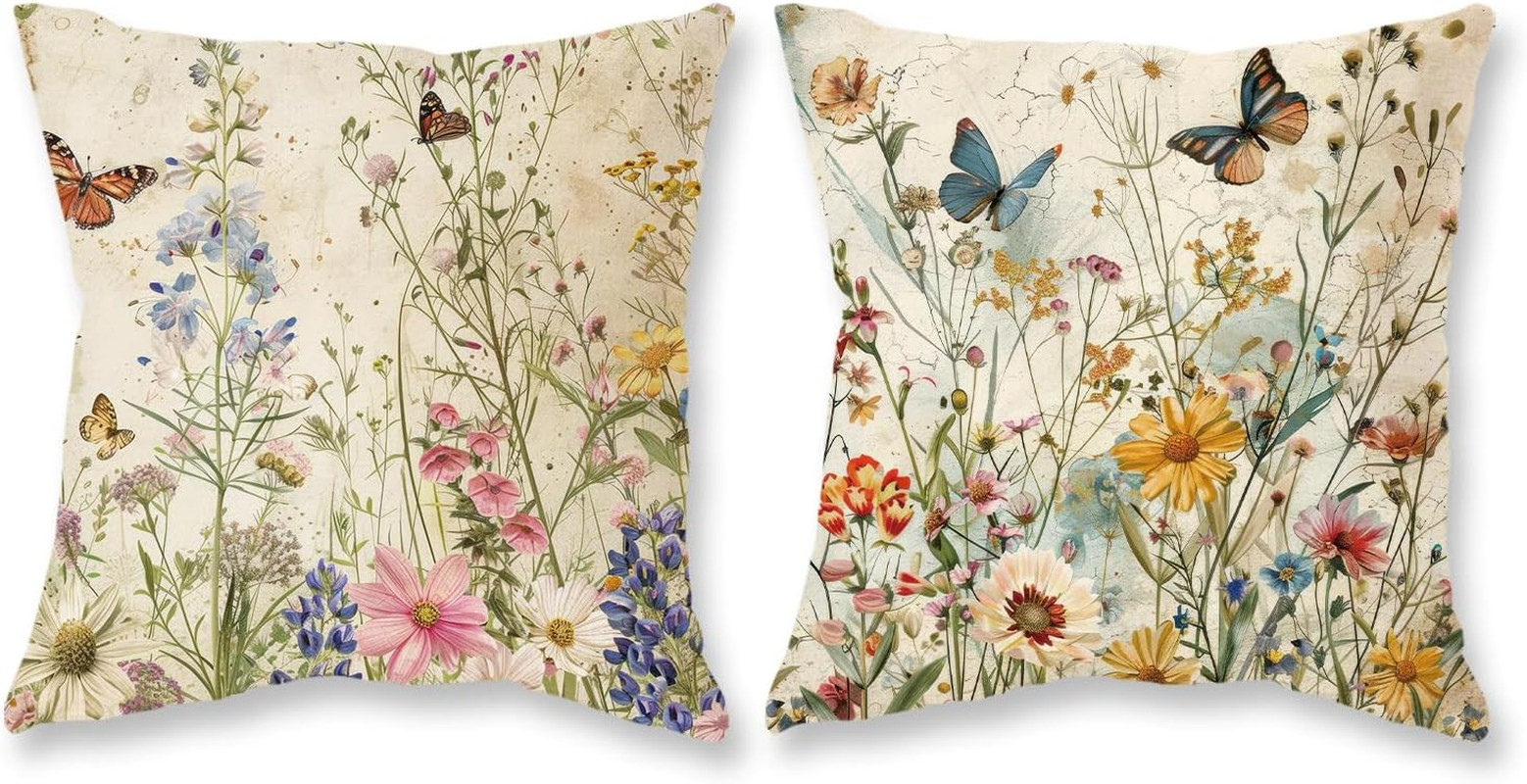 Spring Floral Pillow Covers 18x18 Inch Set of 2 Wild Flowers Plant Butterfly Dec