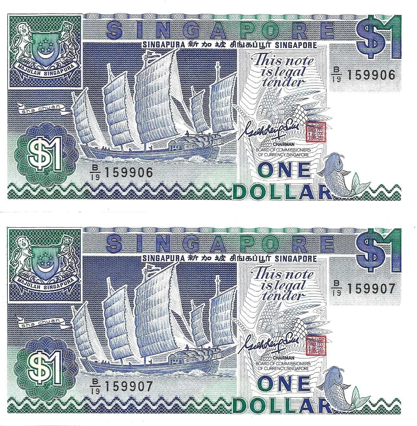 Singapore 2x 1 dollar ND [1987] P-18a UNC consecutive