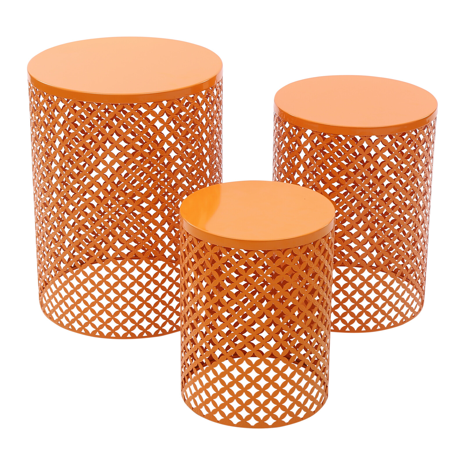 3Pcs Metal Frame Accent End Tables Cylindrical Iron Frame Side Tables Set Orange