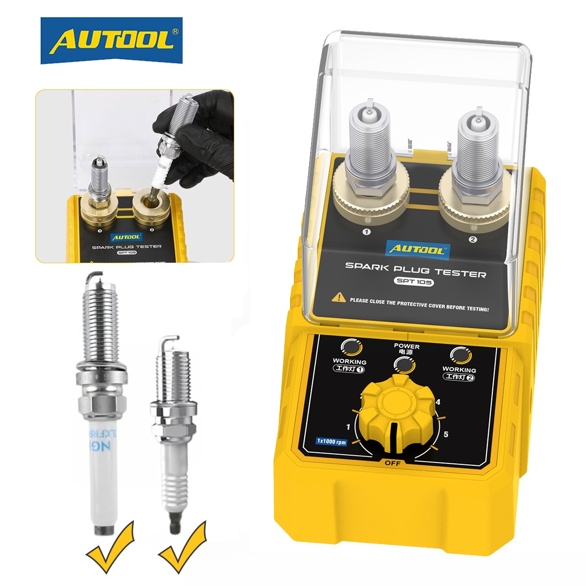 AUTOOL Car Spark Plug Tester Dual Holes EngineCoil Ignition Test Adjust 6000RPM