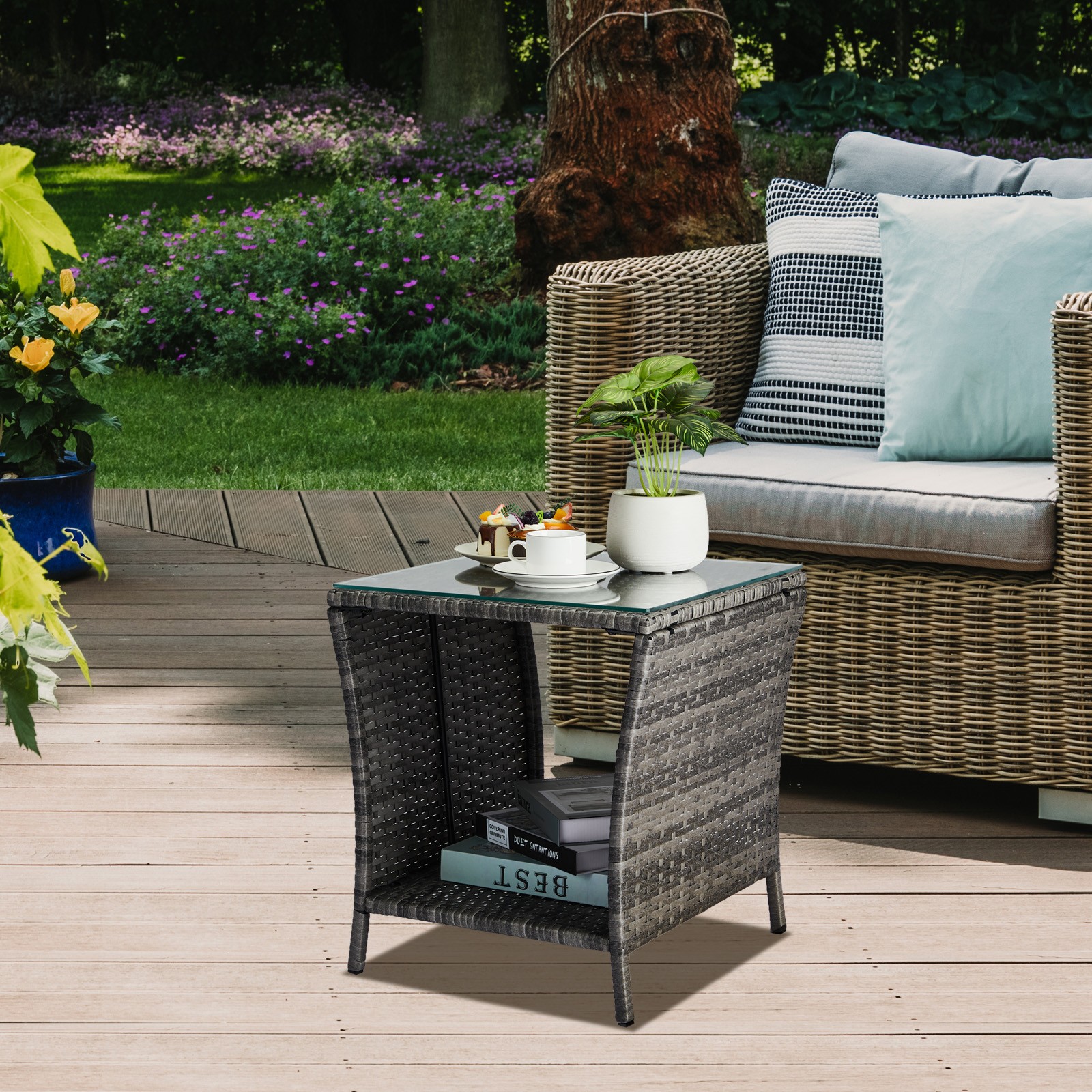 Outdoor Grey Wicker Side Table Rattan Square Side Table Courtyard Coffee Bistro