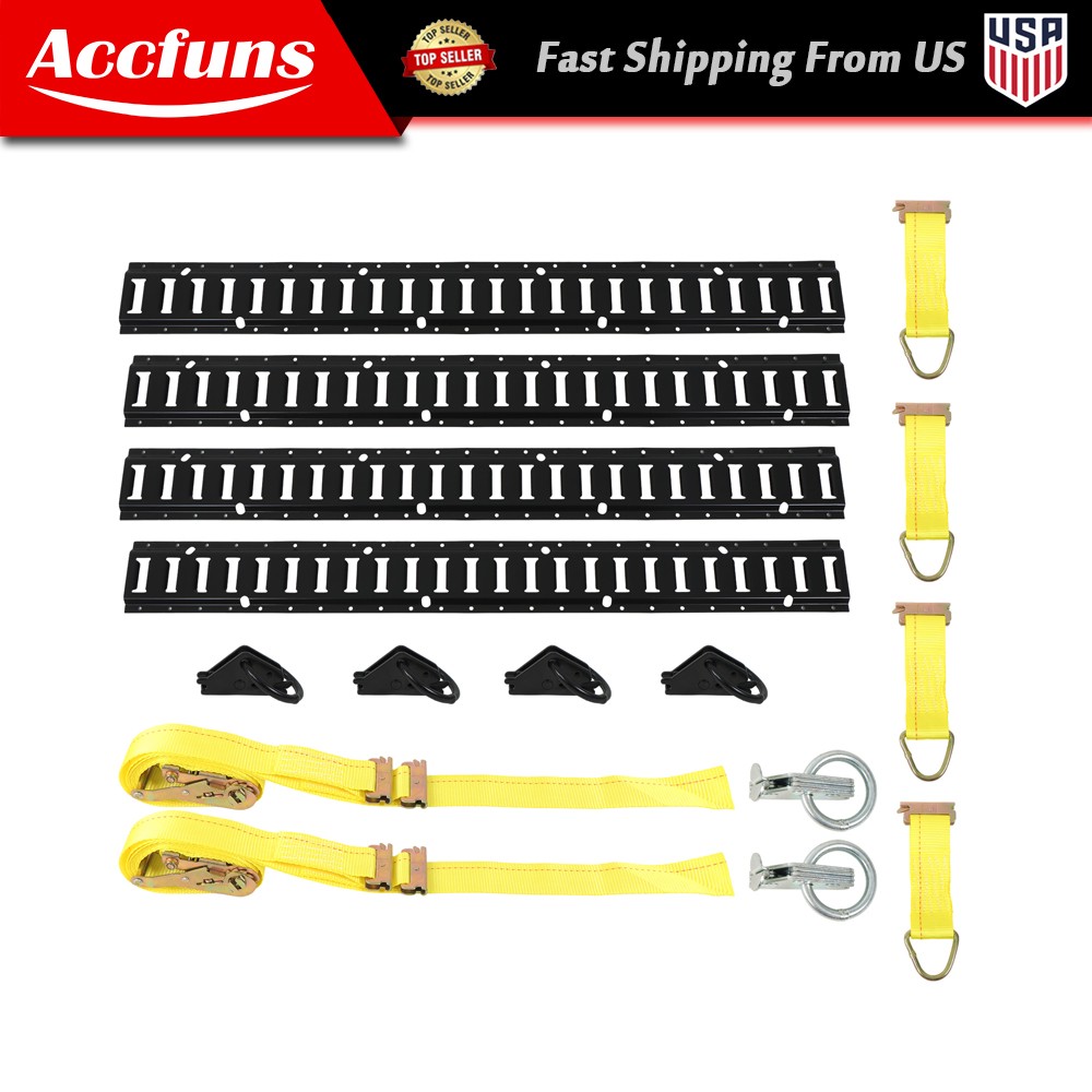 Brand New 16pc E Track Tie Down Kit: Carbon Steel Rails & 12' Ratchet Straps