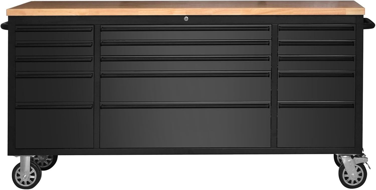 Rolling Tool Chest 72 Inch 15 Drawer Mobile Garage Workbench Solid Wood Top
