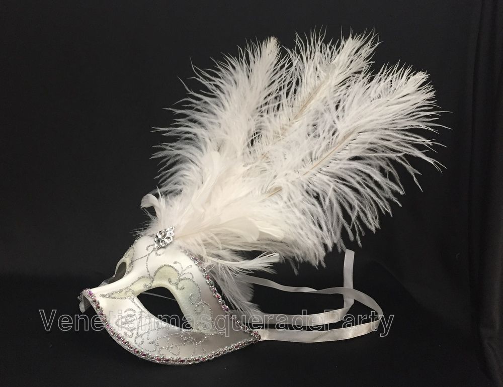 Venetian White Masquerade Mask Show Girl Ostrich feather Costume Dress up Party