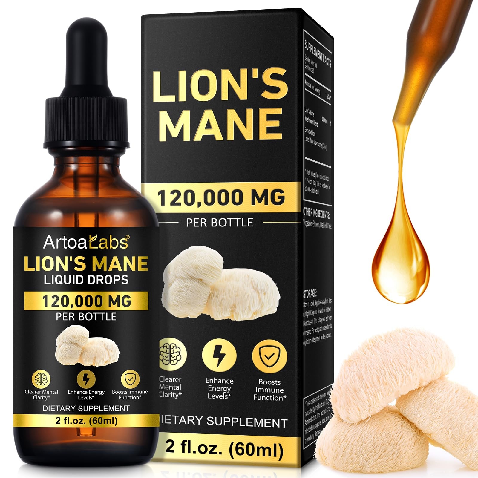 Lions Mane Mushroom Drops 120,000mg Brain Supplement 2oz Memory Focus