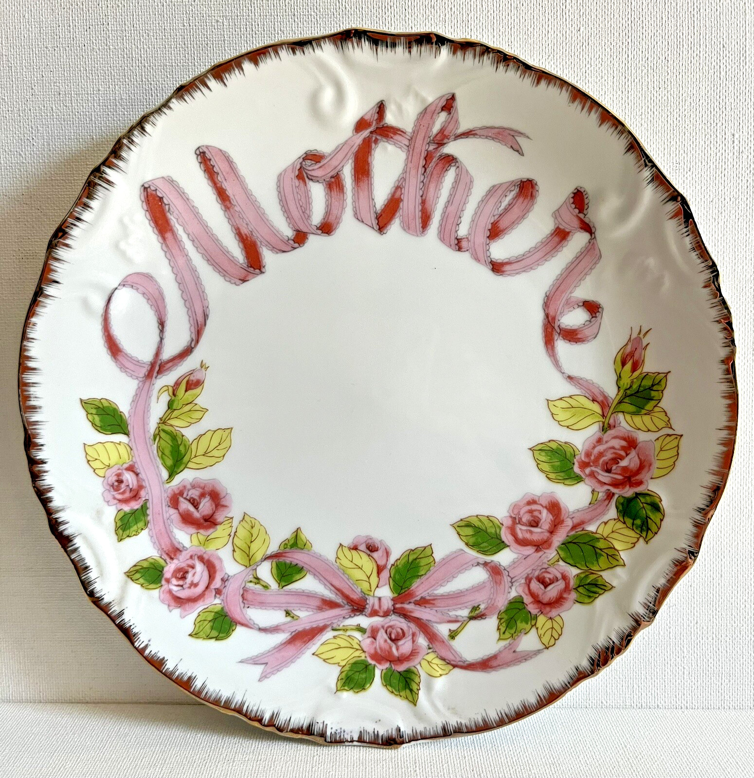 Vintage Enesco Japan Mother's Day Plate Mother Gift Pink Rose Ribbon EUC