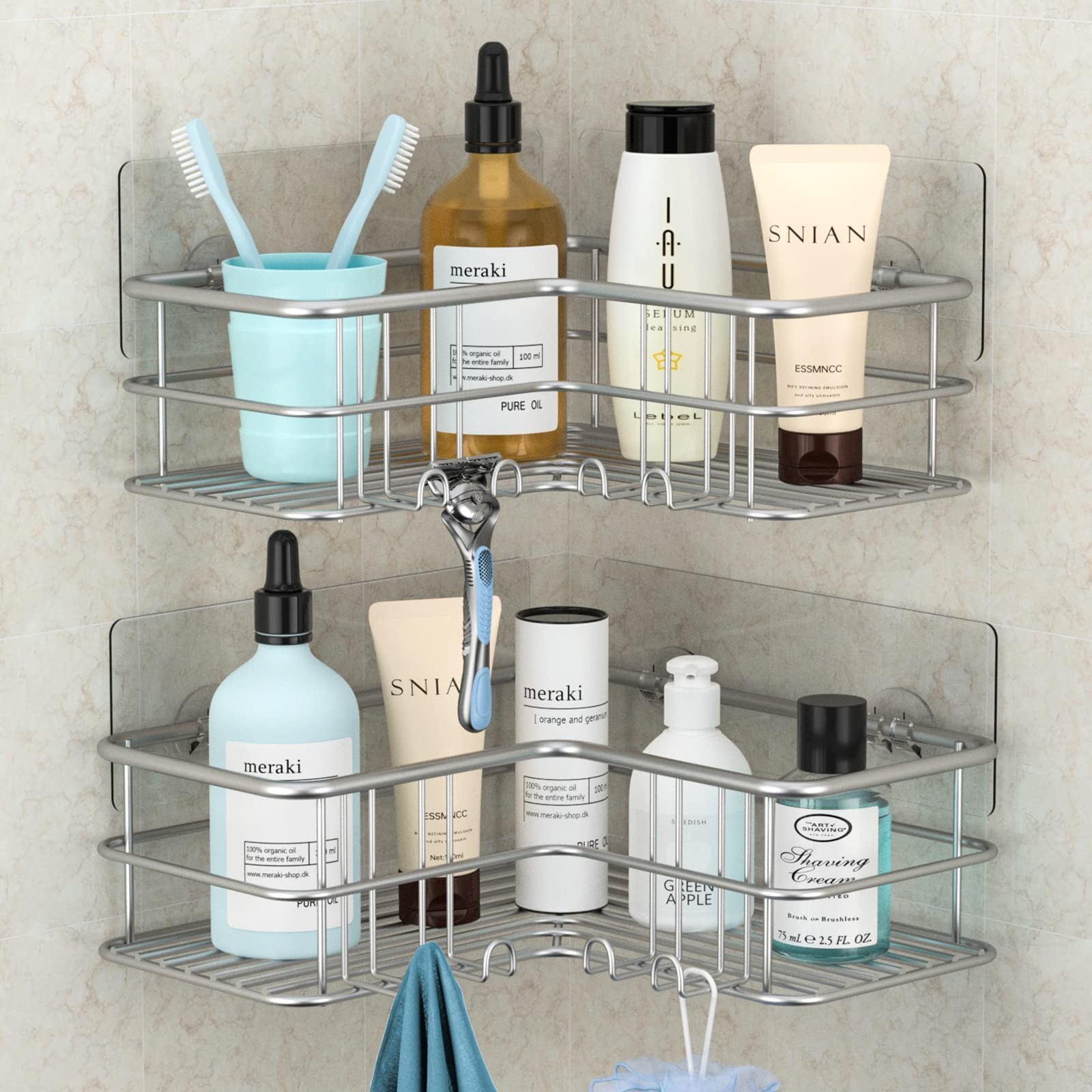 Menbyci 2 Pack Corner Shower Caddy, Adhesive Bathroom Shelf 2 packs, Silver