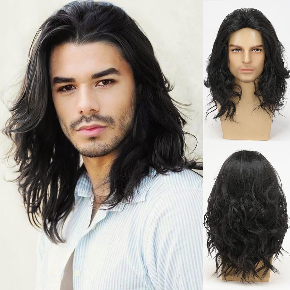 Mens Wig Black Long Curly Natural Hair Costume Halloween Cosplay Party Wigs