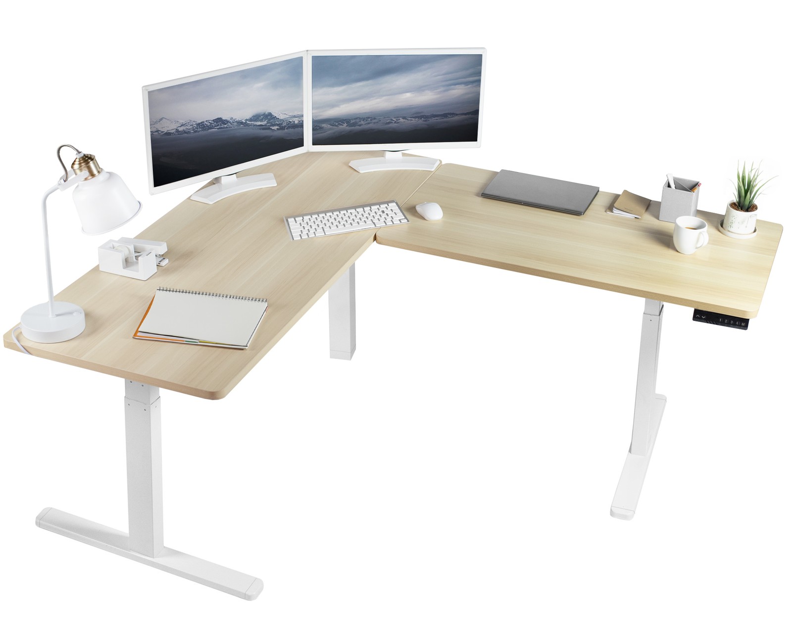 VIVO Electric Stand Up Corner Desk, Light Wood Table Tops, White Frame