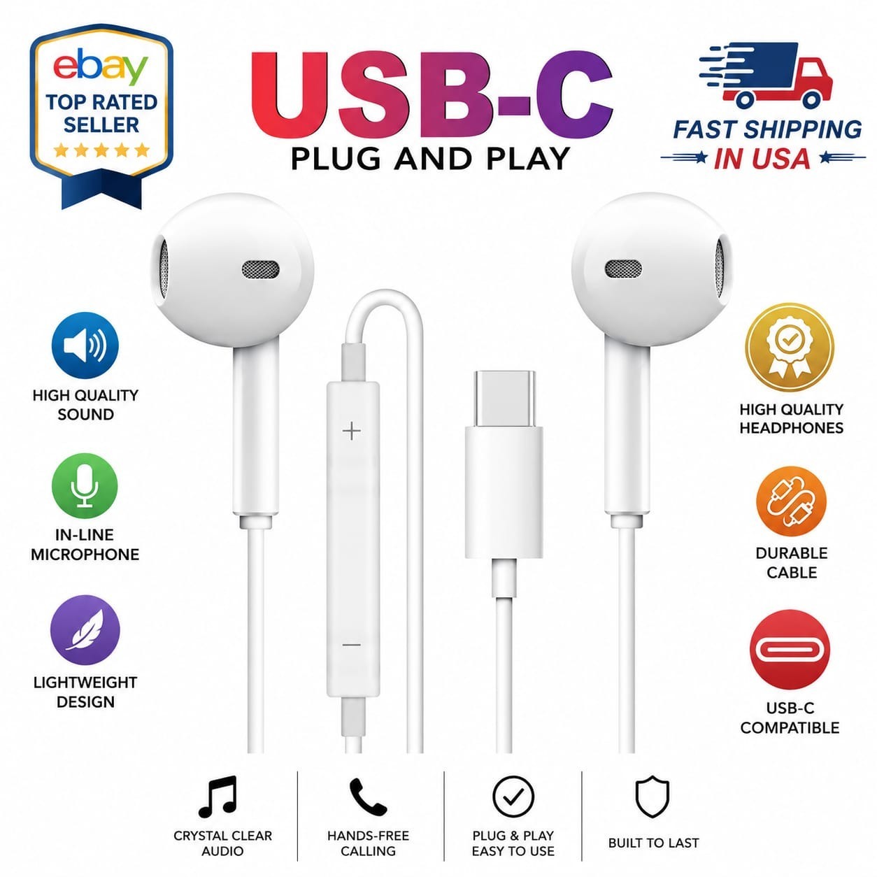 Headphones Earphones USB-C Type C For iPhone 17 | 16 | 15 Pro Max Plus iPad Pro