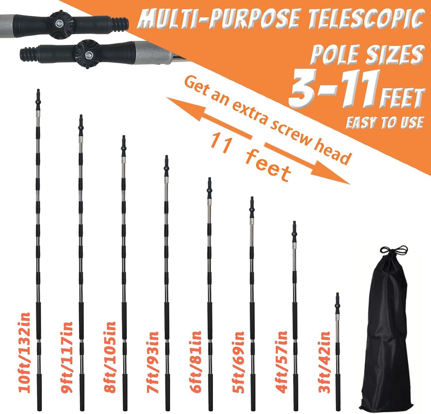 MultiPurpose Extension Pole Paint Roller Splice Telescopic Pole with Black