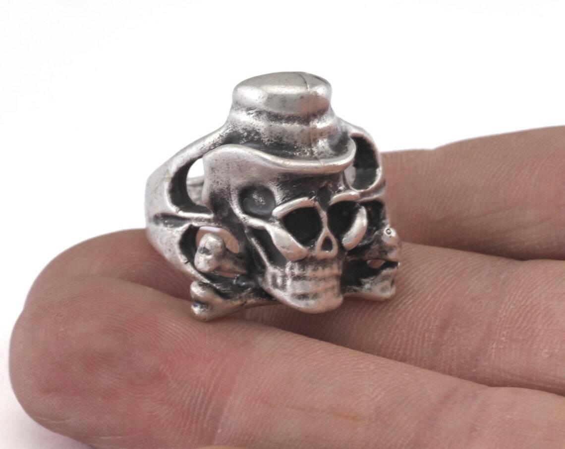 Hat Skull Adjustable Ring Antique Silver Plated Brass 10.5US size 2884