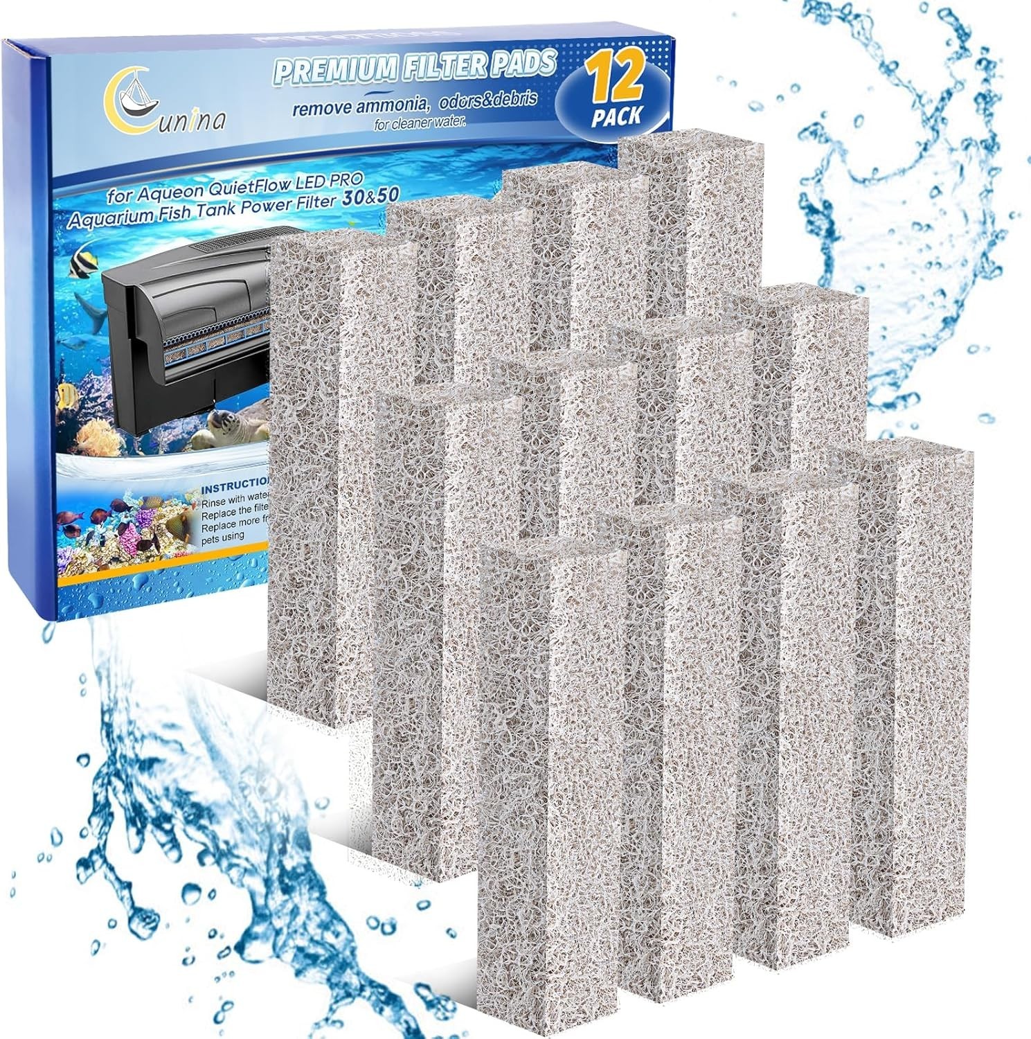12PCS Ammonia Reducer Filter Pads Compatible with Aqueon Quietflow 30 & 50, Spon