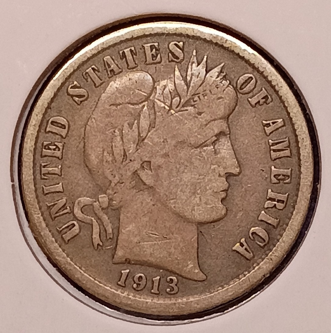 1913-S BARBER DIME -- Fine (F) -- sm scratch wreath