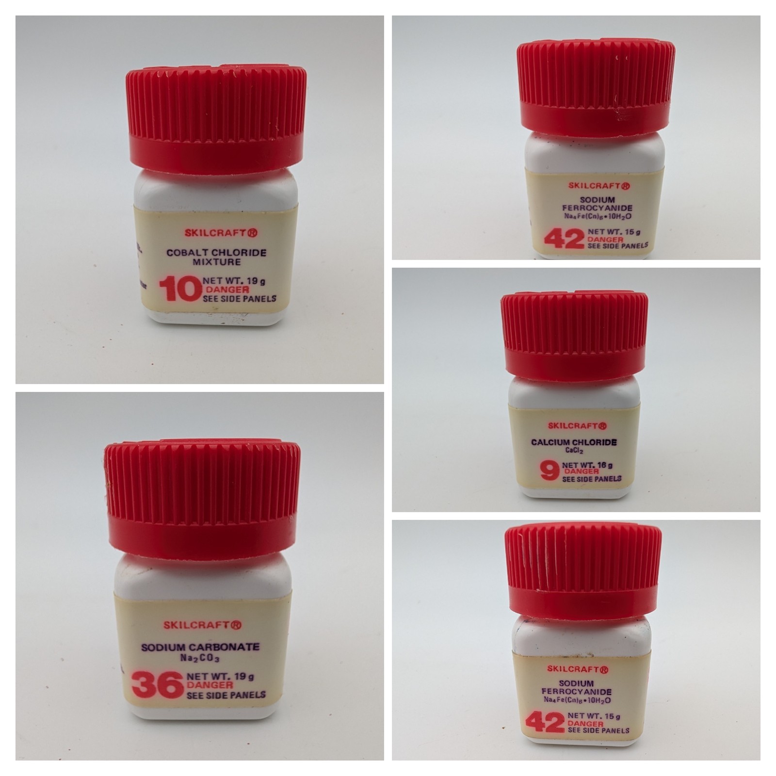 Lot of 5 Vintage 1960s Skilcraft Chemistry Chemicals Cobalt Chloride, Sodium Car